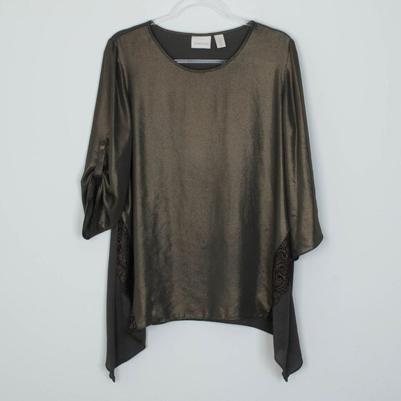 Chico's Tops - Chicos Womens Metallic Lace Shark Bite Top Size M 1 Green 3/4 Roll Tab Sleeve